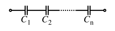 A diagram of several capacitors, connected end to end, with the same amount of current going through each